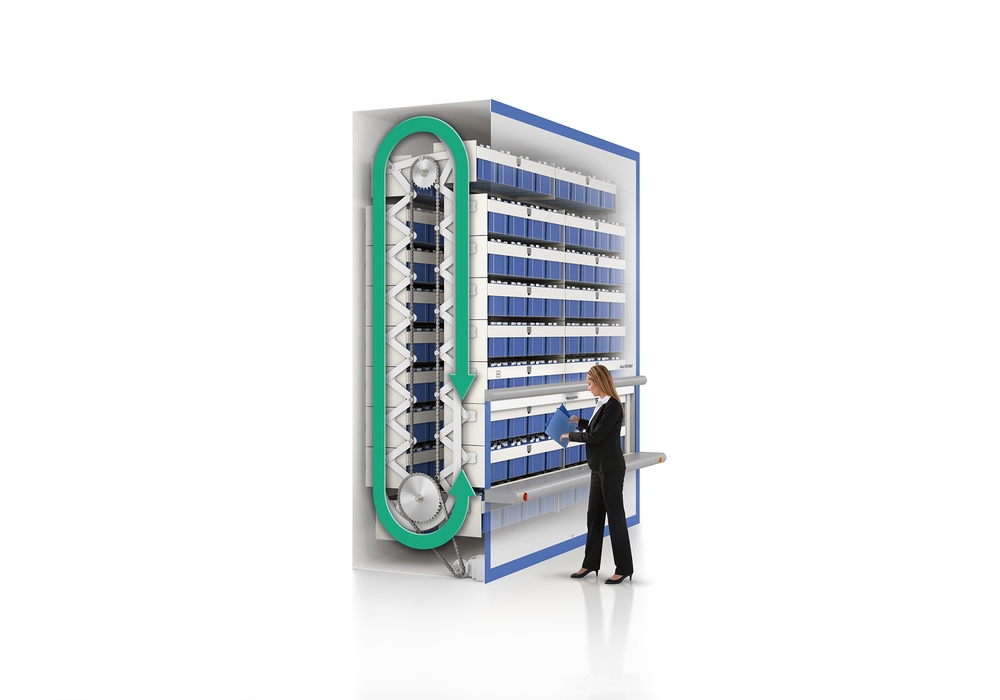The Hänel Rotomat Office is a vertical filing system that uses available room height in a tight office environment.