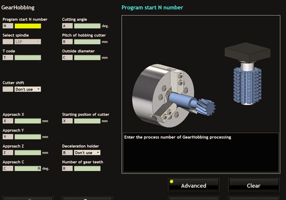 Gear hobbing setting screen